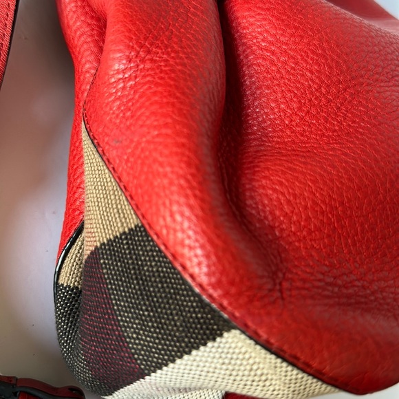 AUTHENTIC MAIDSTONE TOTE LEATHER AND HOUSE CHECK CANVAS RED BURBERRY - Picture 15 of 16